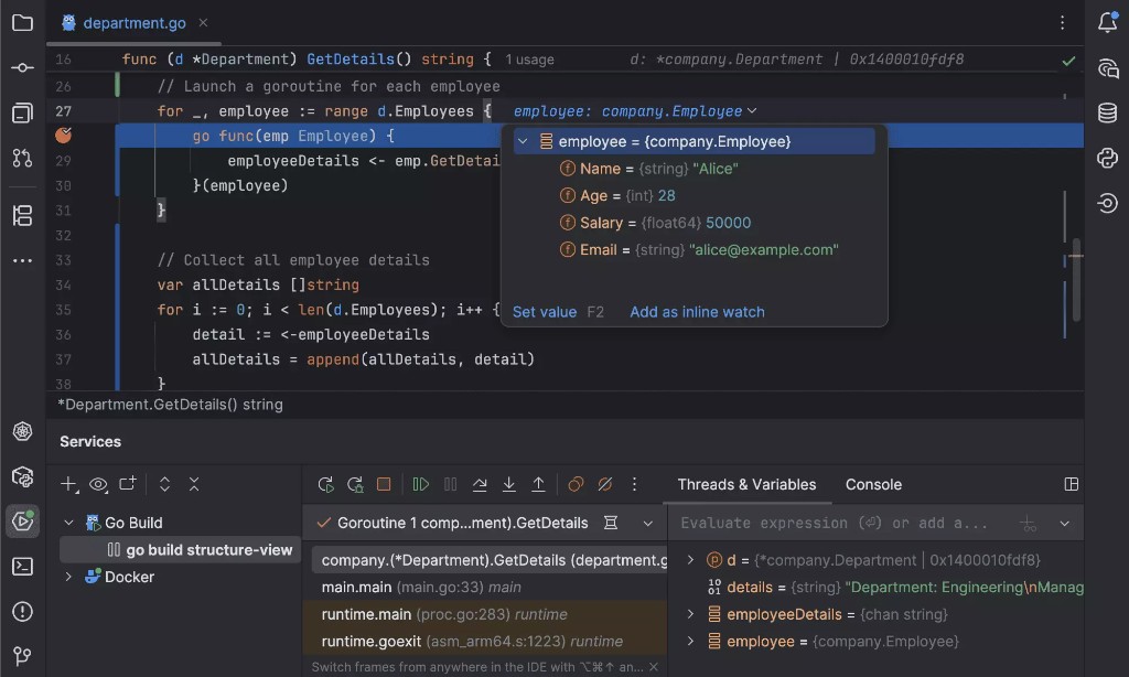GoLand — отладка Go-кода, department.go, breakpoint, инспекция struct Employee, панели Frames и Threads & Variables