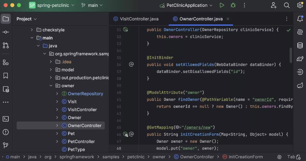 IntelliJ IDEA — проект spring-petclinic, редактор Java с аннотациями Spring, дерево проекта слева