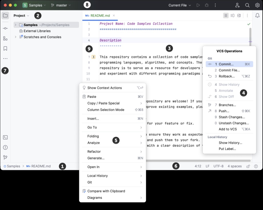 IntelliJ IDEA — обзор интерфейса с подписями — редактор, Project, gutter, toolbar, VCS popup, status bar
