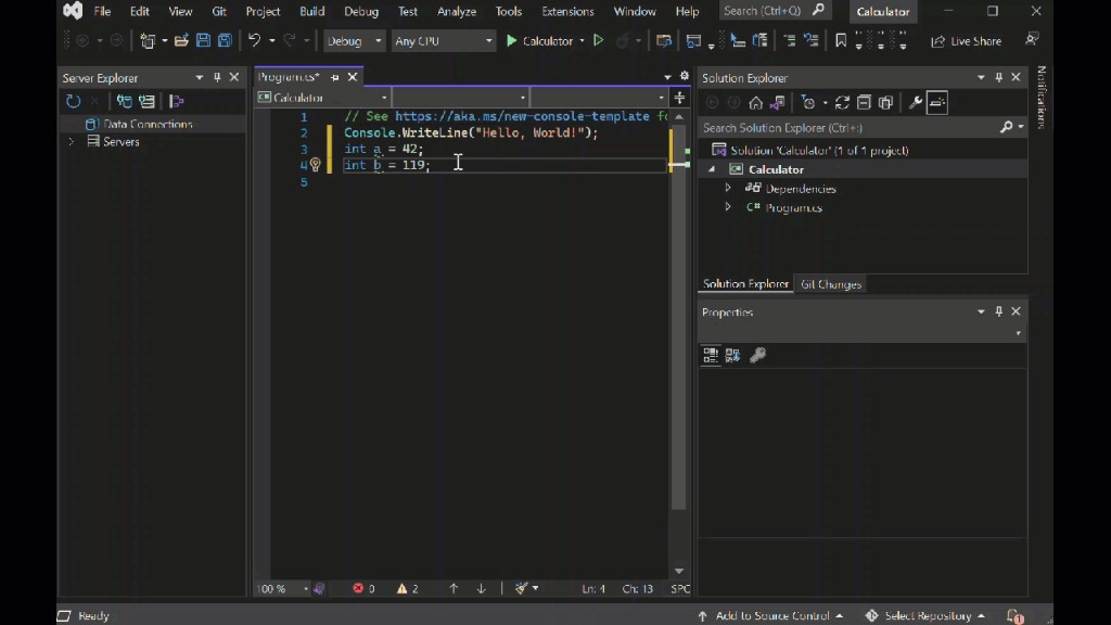 Visual Studio — проект Calculator, редактор Program.cs с подсветкой C#, обозреватель решений справа