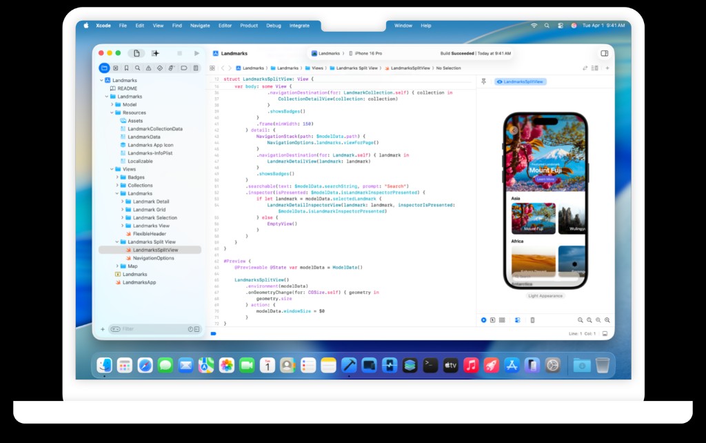 Xcode — проект Landmarks, редактор SwiftUI, код NavigationSplitView и Canvas с превью на iPhone